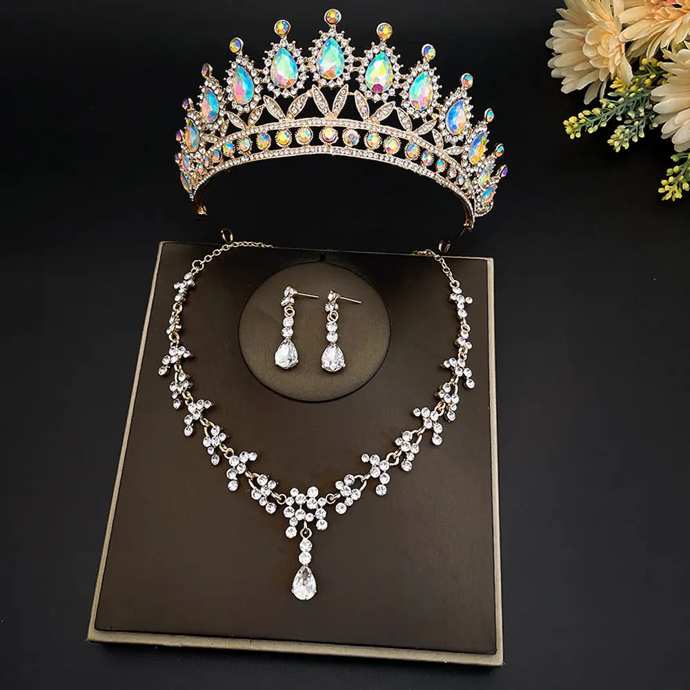 Elegant Three-Piece Bridal Set – Gold-Plated Crown, Necklace & Earrings - Nuriyya Bridal Accessories LLC