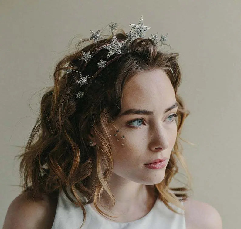 Elegant Bridal Pentagram Head Crown – Double Row Design with White Crystals - Nuriyya Bridal Accessories LLC