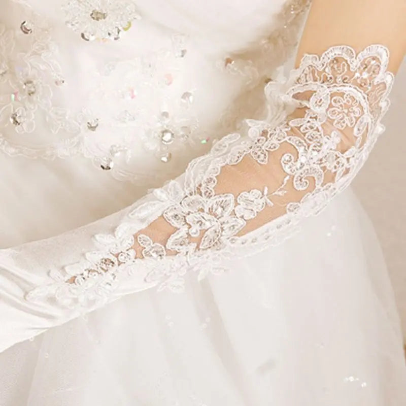 Elegant Satin Lace Embroidered Bridal Gloves | White Split-Finger Design - Nuriyya Bridal Accessories LLC