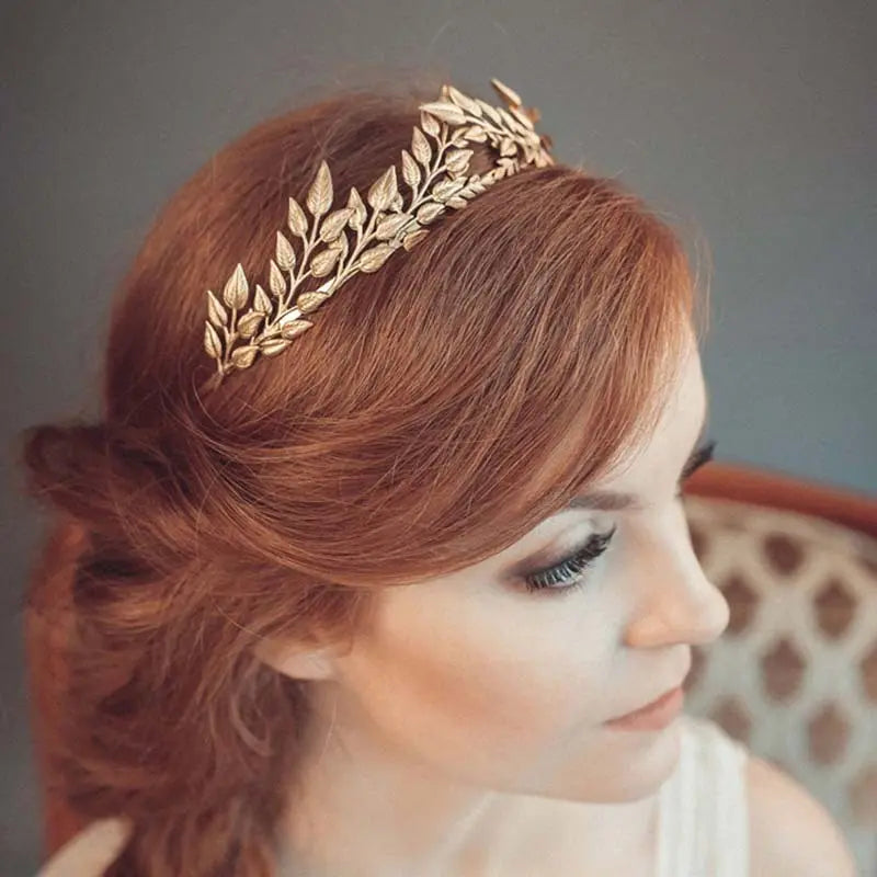 Elegant Bridal Golden Leaf Alloy Headband Crown Hair Accessory - Nuriyya Bridal Accessories LLC