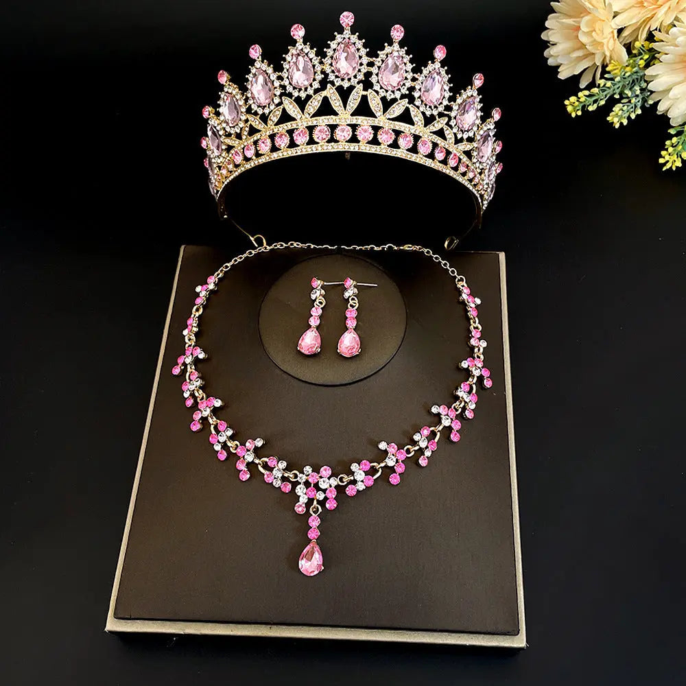 Elegant Three-Piece Bridal Set – Gold-Plated Crown, Necklace & Earrings - Nuriyya Bridal Accessories LLC