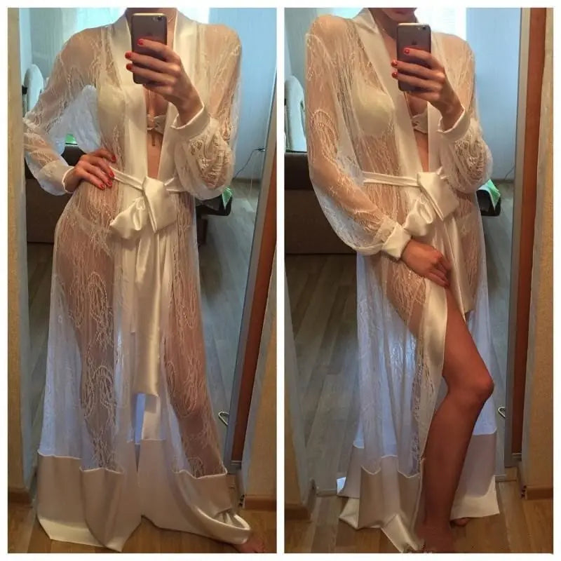 Elegant See-Through Lace Nightgown – Floral Long Cardigan - Nuriyya Bridal Accessories LLC