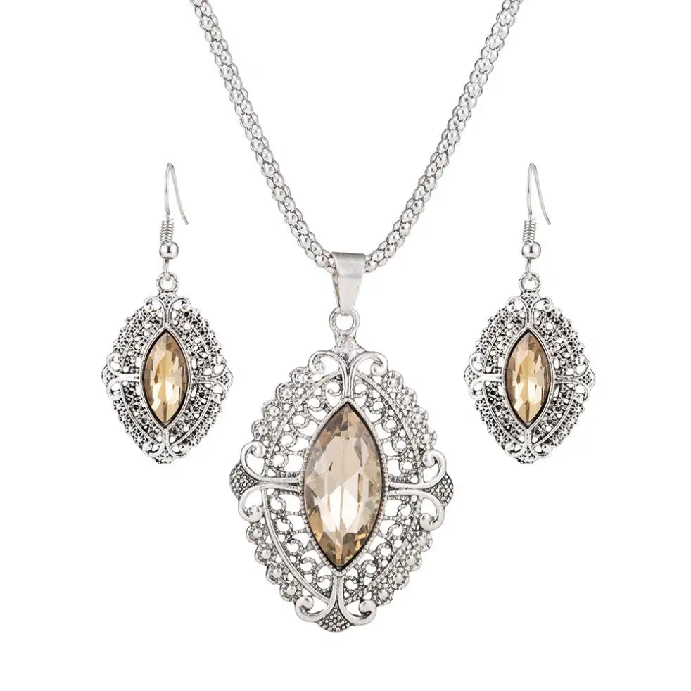 Elegant Zinc-Alloy Geometric Crystal Wedding Jewelry Set – Necklace, Bracelet & Earrings - Nuriyya Bridal Accessories LLC