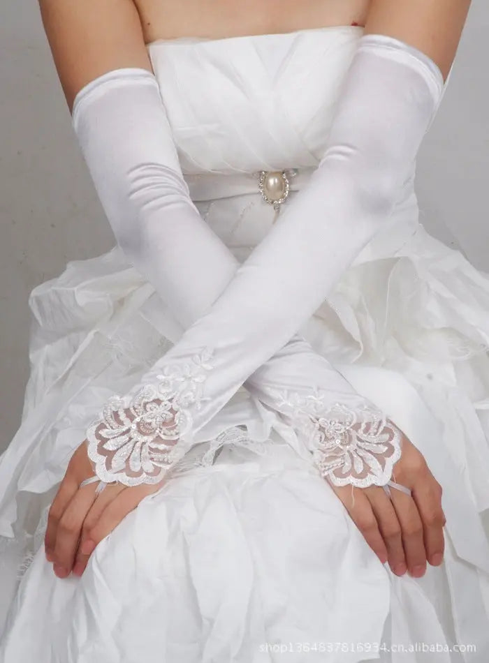 Elegant Fingerless Lace Bridal Gloves – Satin Wedding Accessories for Women - Nuriyya Bridal Accessories LLC