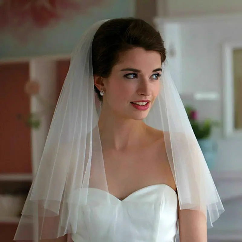 Elegant Short Bridal Veil with Two Layers & Metal Comb | Ivory/Pure White Wedding Veil - Nuriyya Bridal Accessories LLC