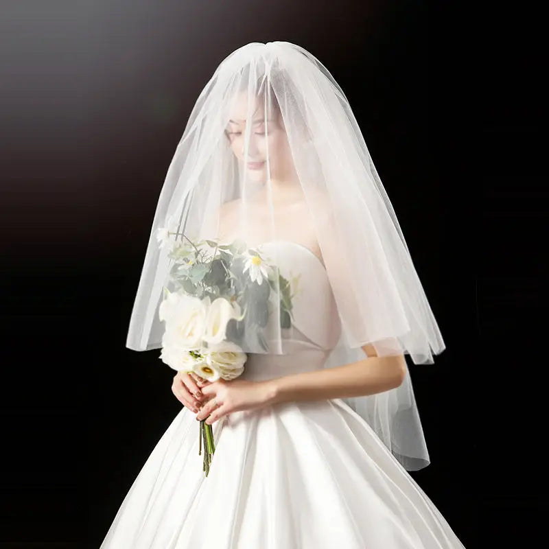 Elegant Short Bridal Veil with Two Layers & Metal Comb | Ivory/Pure White Wedding Veil - Nuriyya Bridal Accessories LLC