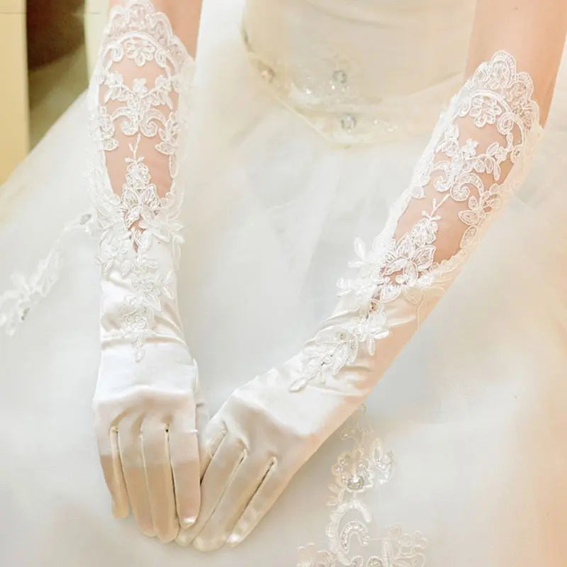 Elegant Satin Lace Embroidered Bridal Gloves | White Split-Finger Design - Nuriyya Bridal Accessories LLC