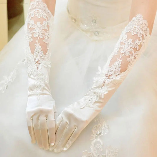 Elegant Satin Lace Embroidered Bridal Gloves | White Split-Finger Design - Nuriyya Bridal Accessories LLC