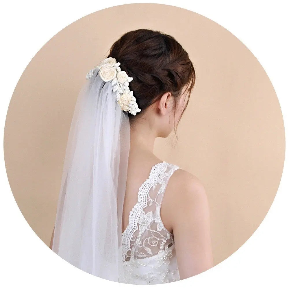 Double-Layer Bridal Veil with Flower Decoration | Elegant Wedding Headgear VS323 - Nuriyya Bridal Accessories LLC