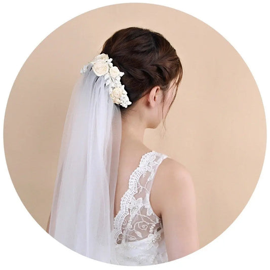 Double-Layer Bridal Veil with Flower Decoration | Elegant Wedding Headgear VS323 - Nuriyya Bridal Accessories LLC