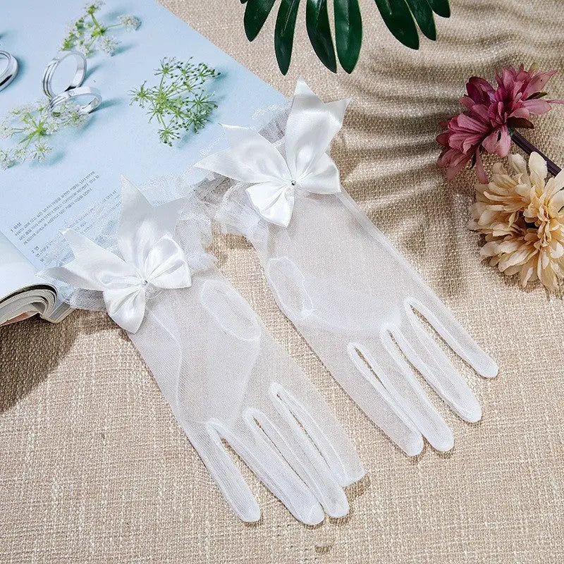 Classic White Short Wedding Gloves with Crystal Tulle - Nuriyya Bridal Accessories LLC