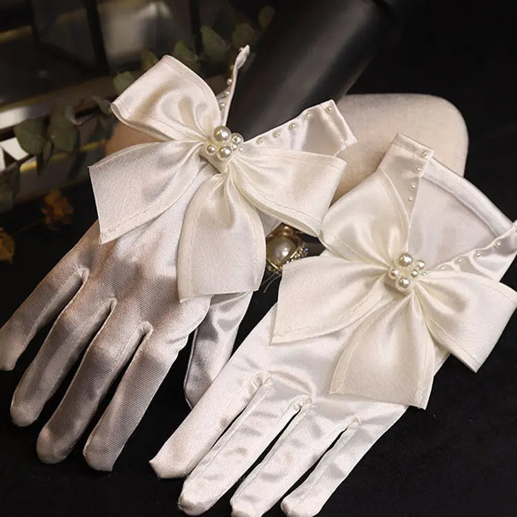 Elegant Pearl Bow Satin Bridal Gloves – Perfect Wedding Accessory - Nuriyya Bridal Accessories LLC