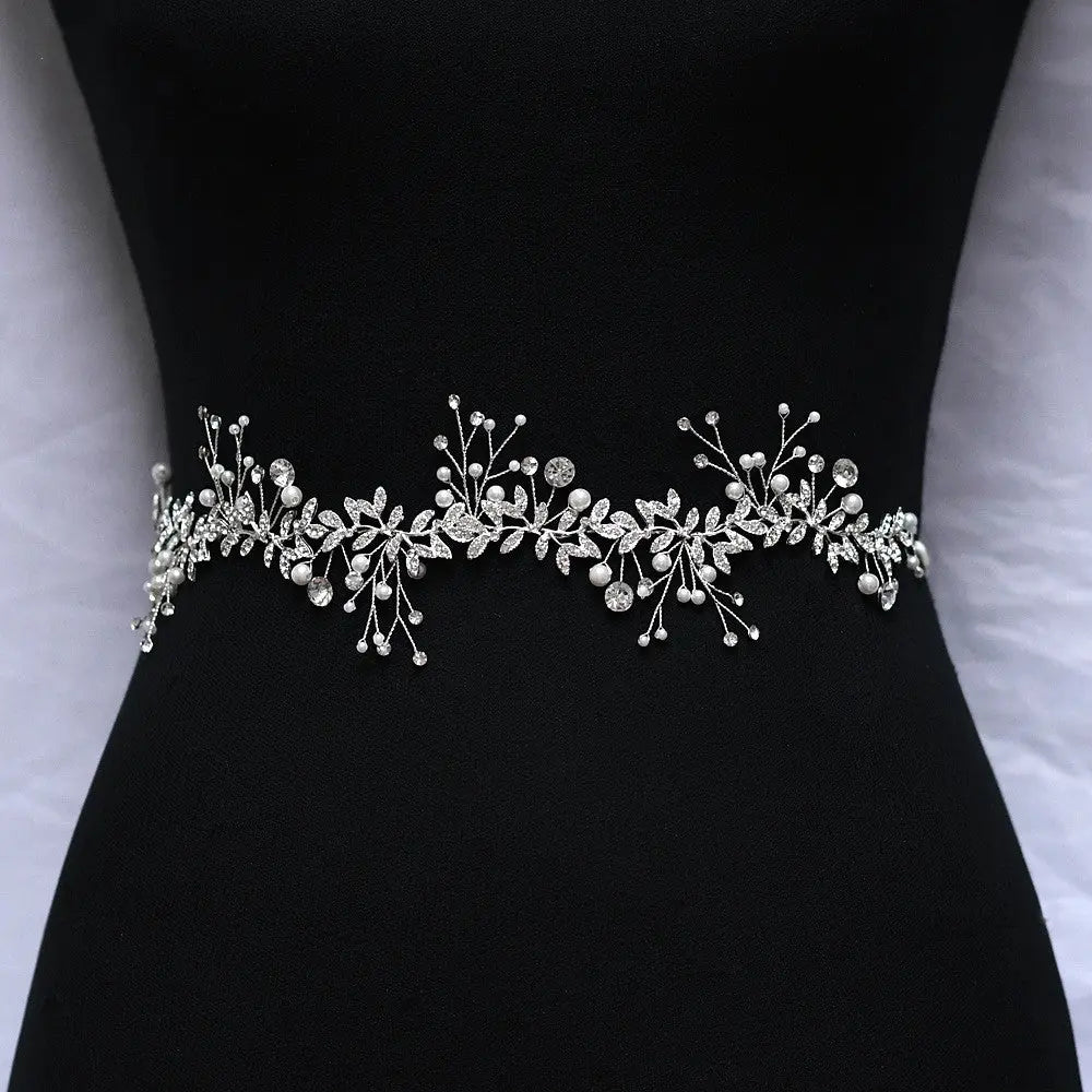 Bridal Belt Dress Silver Waist Chain | Handmade Rhinestone Ribbon Design - Nuriyya Bridal Accessories LLC