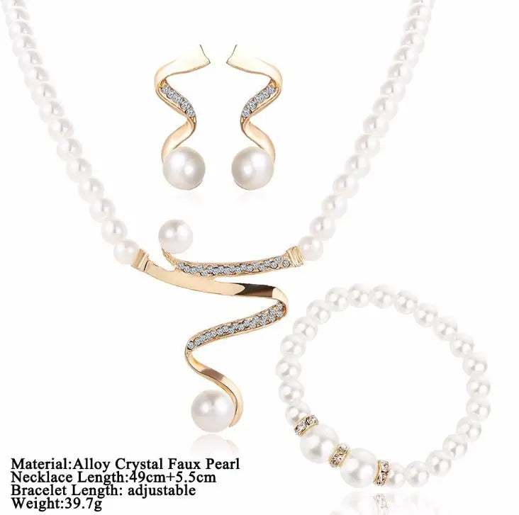 Elegant Vintage Crystal Pearl Wedding Jewelry Set – Necklace, Earrings & Bracelet - Nuriyya Bridal Accessories LLC