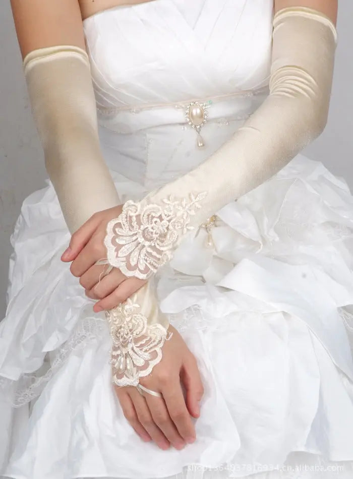 Elegant Fingerless Lace Bridal Gloves – Satin Wedding Accessories for Women - Nuriyya Bridal Accessories LLC