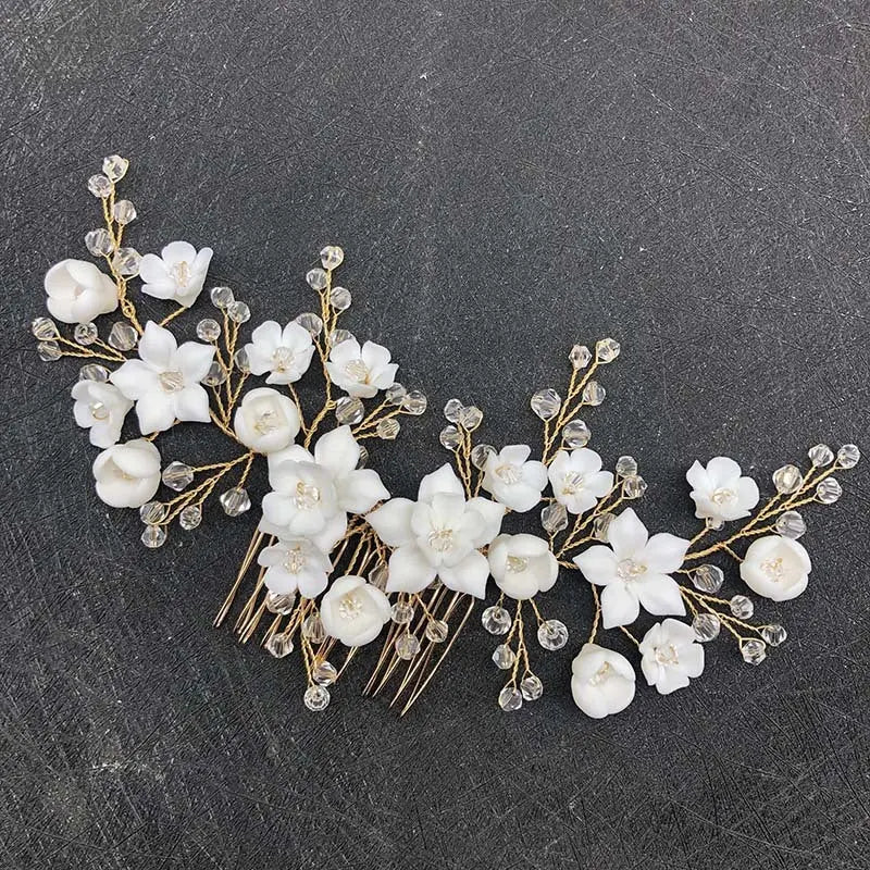 Elegant Crystal Flower Bridal Hair Comb – Ceramic Crown with White Crystals - Nuriyya Bridal Accessories LLC