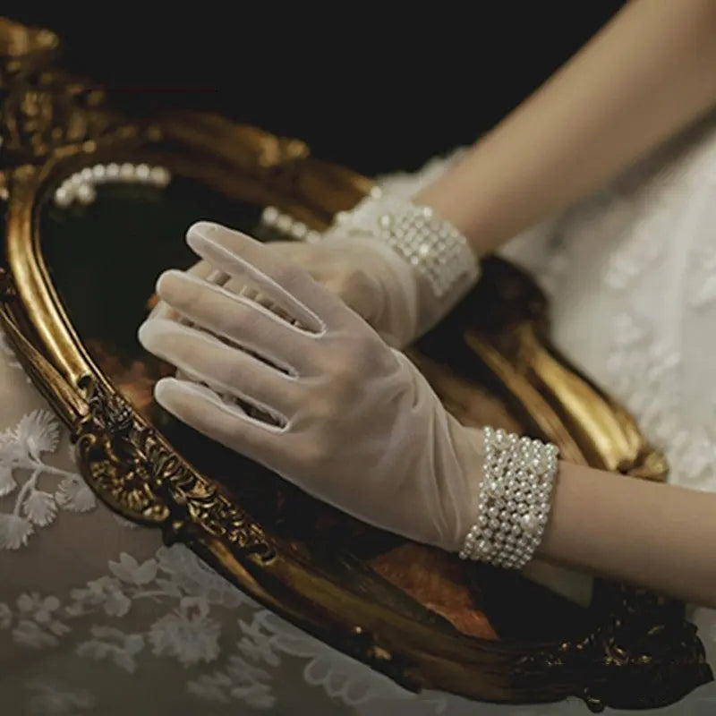 Elegant Pearl Lace Bridal Gloves with Bow Detail - Nuriyya Bridal Accessories LLC