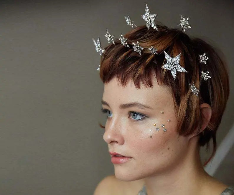 Elegant Bridal Pentagram Head Crown – Double Row Design with White Crystals - Nuriyya Bridal Accessories LLC