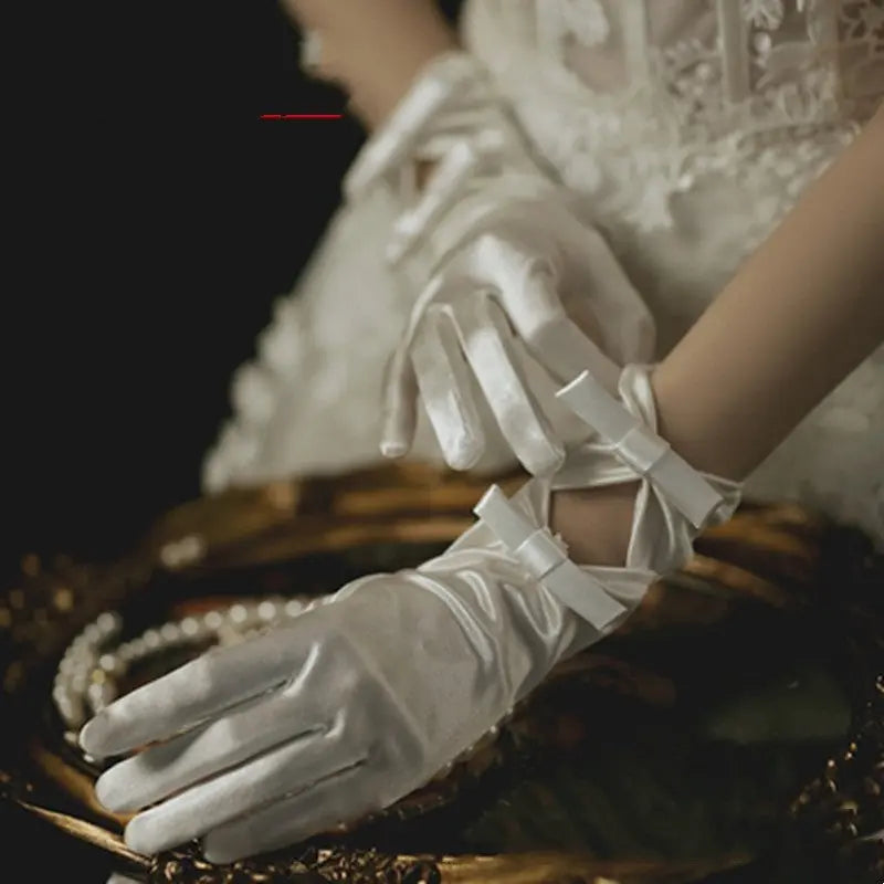 Elegant Pearl Lace Bridal Gloves with Bow Detail - Nuriyya Bridal Accessories LLC