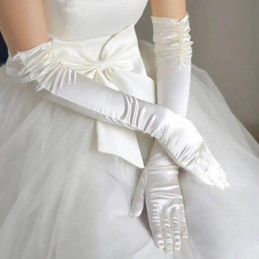 Elegant Double-Row Beaded Satin Oversleeve Wedding Gloves – Bridal Sun Protection - Nuriyya Bridal Accessories LLC