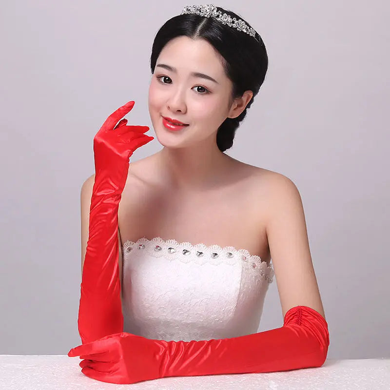 Elegant Double-Row Beaded Satin Oversleeve Wedding Gloves – Bridal Sun Protection - Nuriyya Bridal Accessories LLC