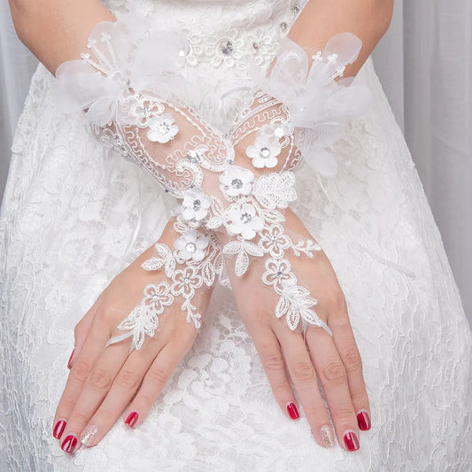 Diamond-Studded Lace Bridal Gloves with Mesh Design - Nuriyya Bridal Accessories LLC