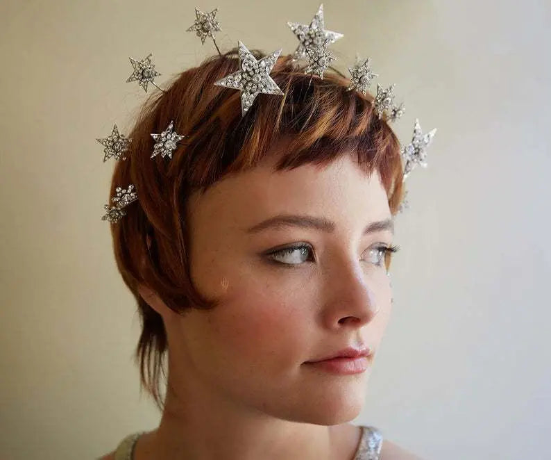 Elegant Bridal Pentagram Head Crown – Double Row Design with White Crystals - Nuriyya Bridal Accessories LLC