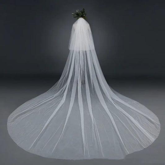 Bridal Wedding Veil with Wide Trailing Tail | Fashion Minimalist Lace Veil in White & Cream - Nuriyya Bridal Accessories LLC