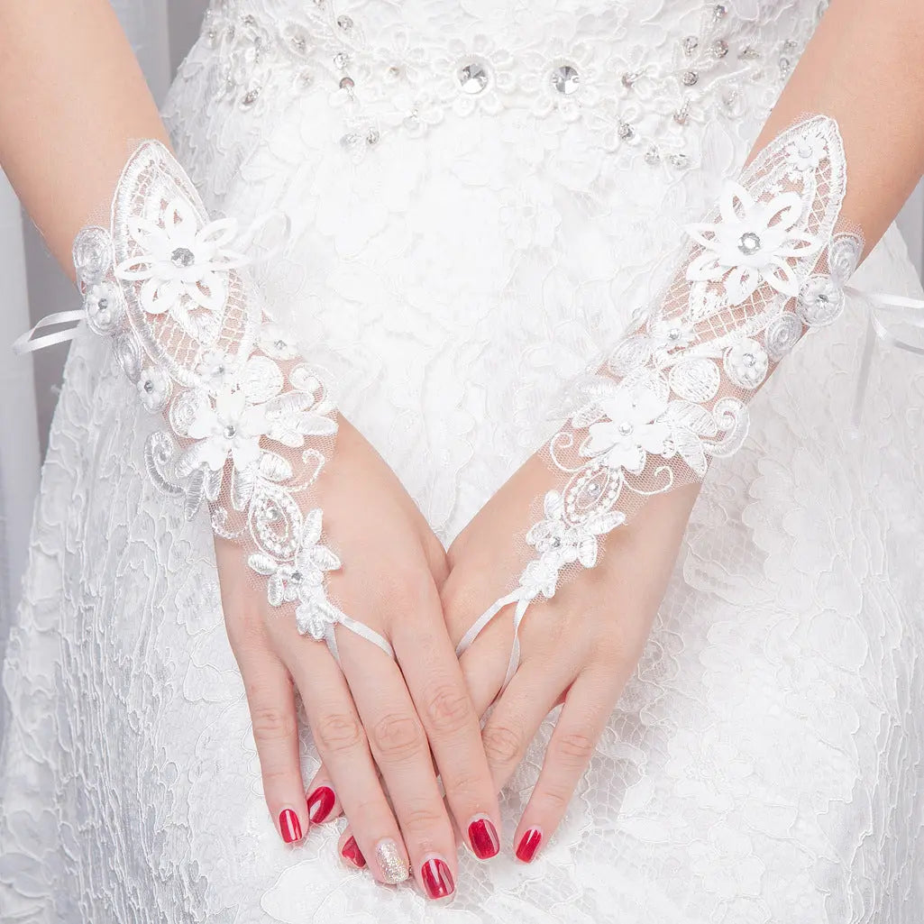 Lace Bridal Gloves with Pearls & Rhinestones - Nuriyya Bridal Accessories LLC