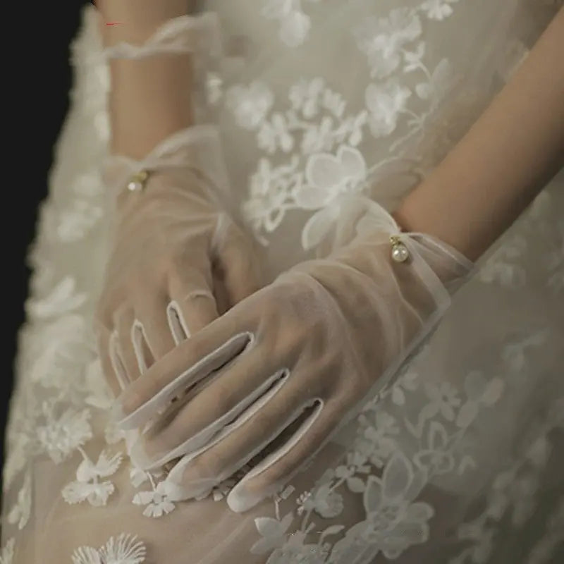 Elegant Pearl Lace Bridal Gloves with Bow Detail - Nuriyya Bridal Accessories LLC