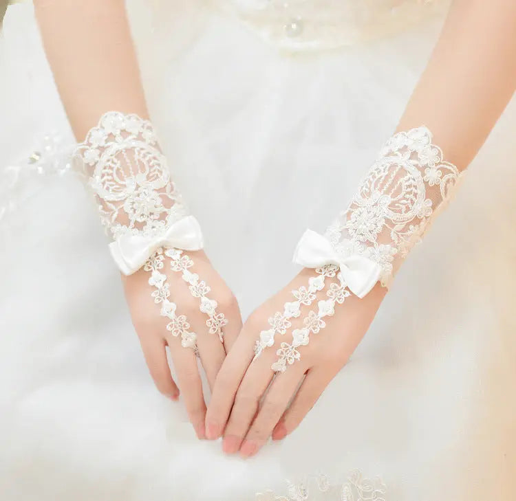 Elegant Bridal Bead Lace Short Wedding Gloves - Nuriyya Bridal Accessories LLC