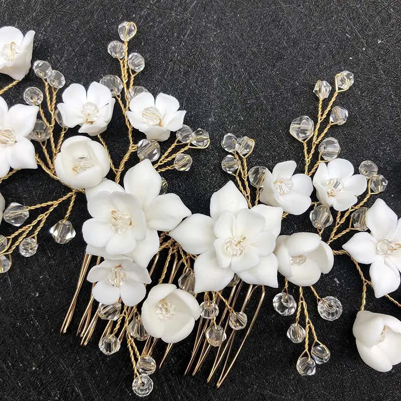 Elegant Crystal Flower Bridal Hair Comb – Ceramic Crown with White Crystals - Nuriyya Bridal Accessories LLC