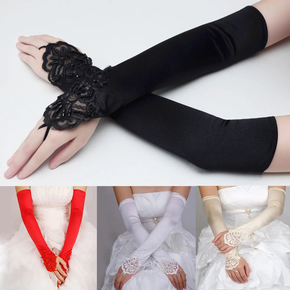 Elegant Fingerless Lace Bridal Gloves – Satin Wedding Accessories for Women - Nuriyya Bridal Accessories LLC