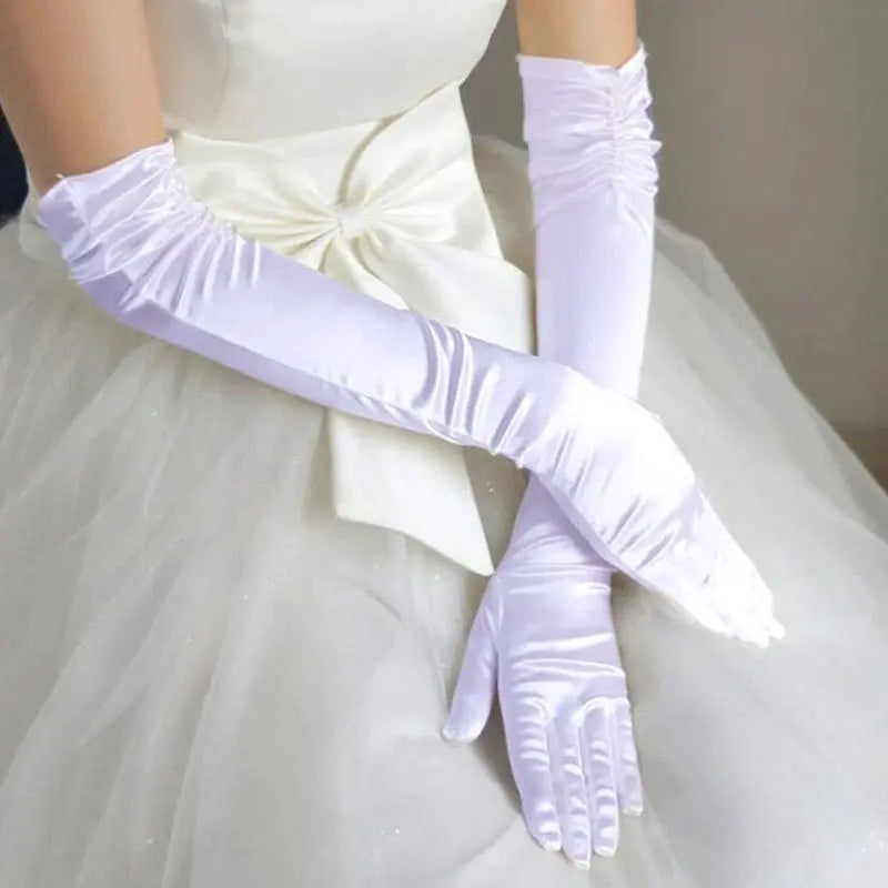 Elegant Double-Row Beaded Satin Oversleeve Wedding Gloves – Bridal Sun Protection - Nuriyya Bridal Accessories LLC