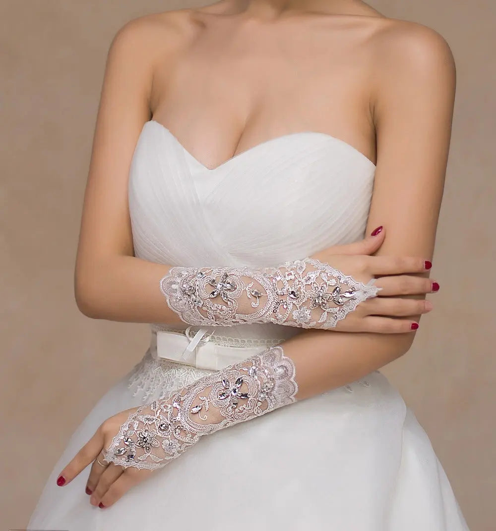 Elegant Short Bridal Lace Wedding Gloves with Diamond Detail | Beige - Nuriyya Bridal Accessories LLC