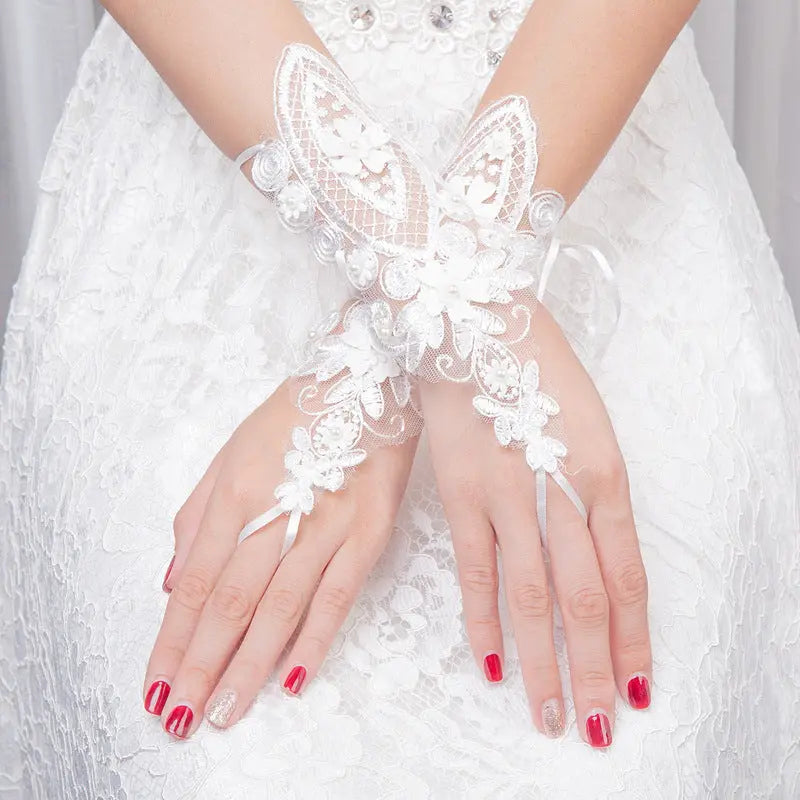 Lace Bridal Gloves with Pearls & Rhinestones - Nuriyya Bridal Accessories LLC