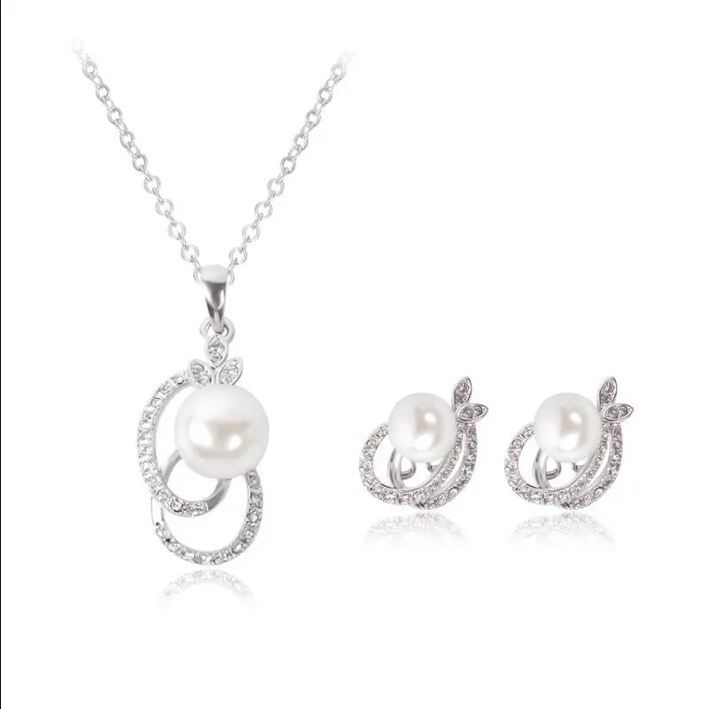 Elegant Pearl & Diamond Bridal Necklace and Earrings Set | White Wedding Jewelry - Nuriyya Bridal Accessories LLC