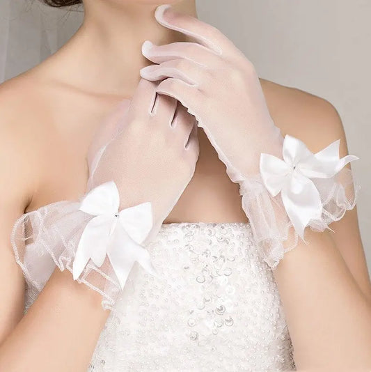 Classic White Short Wedding Gloves with Crystal Tulle - Nuriyya Bridal Accessories LLC