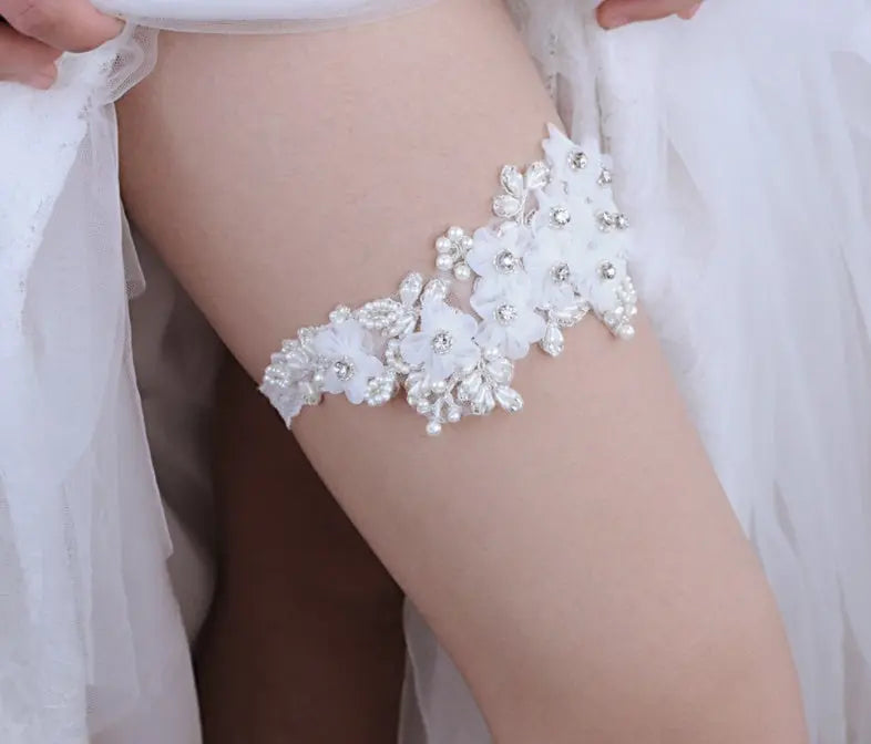 Elegant Bridal Garter Belt with Rhinestones and Pearl Flowers – Wedding Legwear - Nuriyya Bridal Accessories LLC