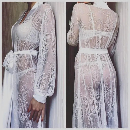 Elegant See-Through Lace Nightgown – Floral Long Cardigan - Nuriyya Bridal Accessories LLC