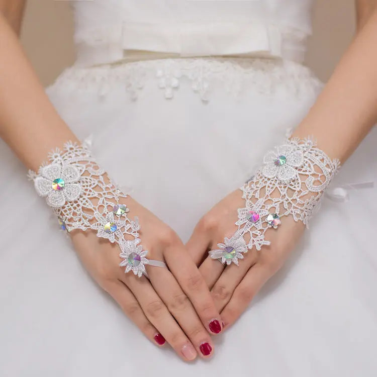 Bridal Fingerless Lace Gloves with Floral & Diamond Details - Nuriyya Bridal Accessories LLC