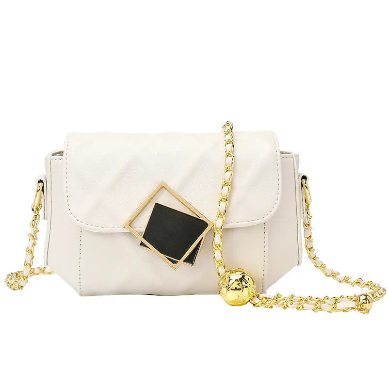 Elegant Cowhide Shoulder Messenger Bag with Golden Ball – Beige & Black - Nuriyya Bridal Accessories LLC