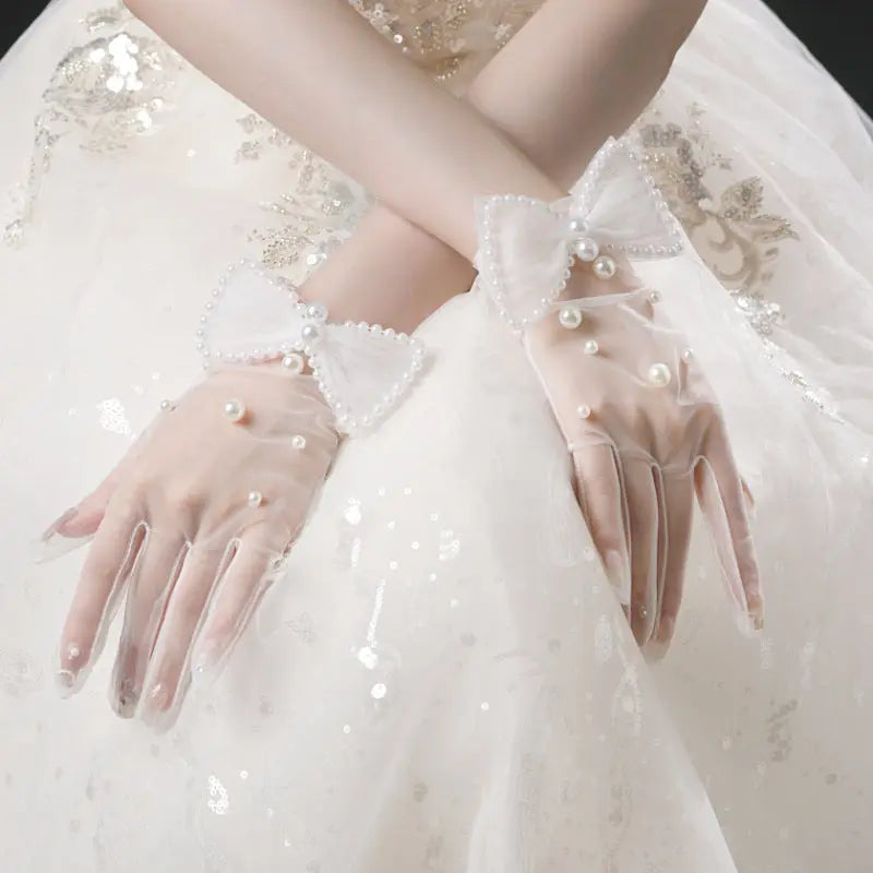 Elegant Bridal Pearl White Bow Gloves – Handmade Mesh Wedding Gloves for Women - Nuriyya Bridal Accessories LLC