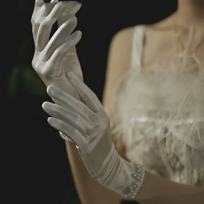 Elegant Pearl Lace Bridal Gloves with Bow Detail - Nuriyya Bridal Accessories LLC