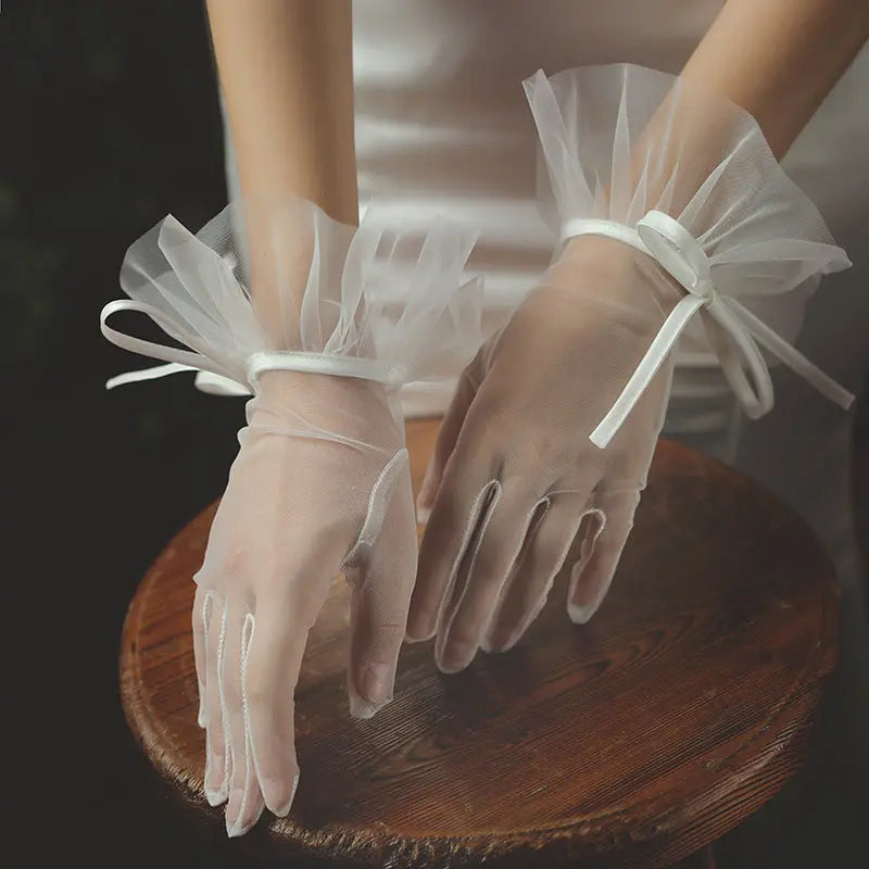 Elegant Bridal Mesh Lace Gloves with Satin Bow – White Wedding Gloves - Nuriyya Bridal Accessories LLC