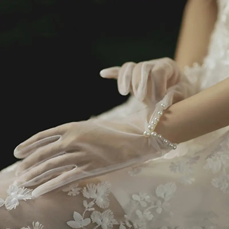 Elegant Pearl Lace Bridal Gloves with Bow Detail - Nuriyya Bridal Accessories LLC