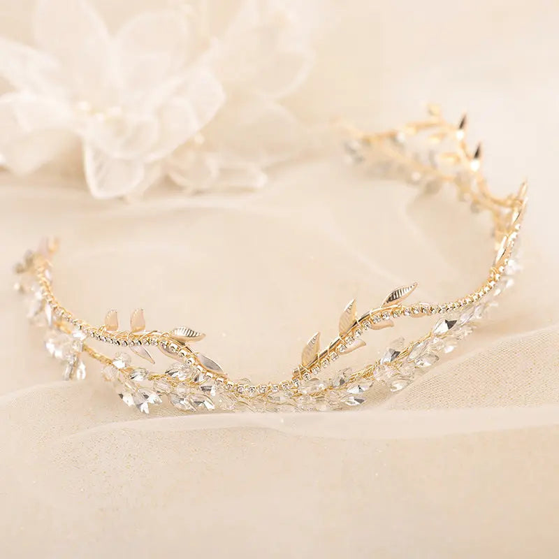 Elegant Bridal Crown with White Crystal Leaves Design - Nuriyya Bridal Accessories LLC