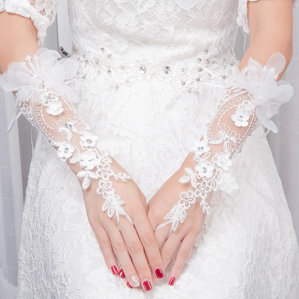 Diamond-Studded Lace Bridal Gloves with Mesh Design - Nuriyya Bridal Accessories LLC