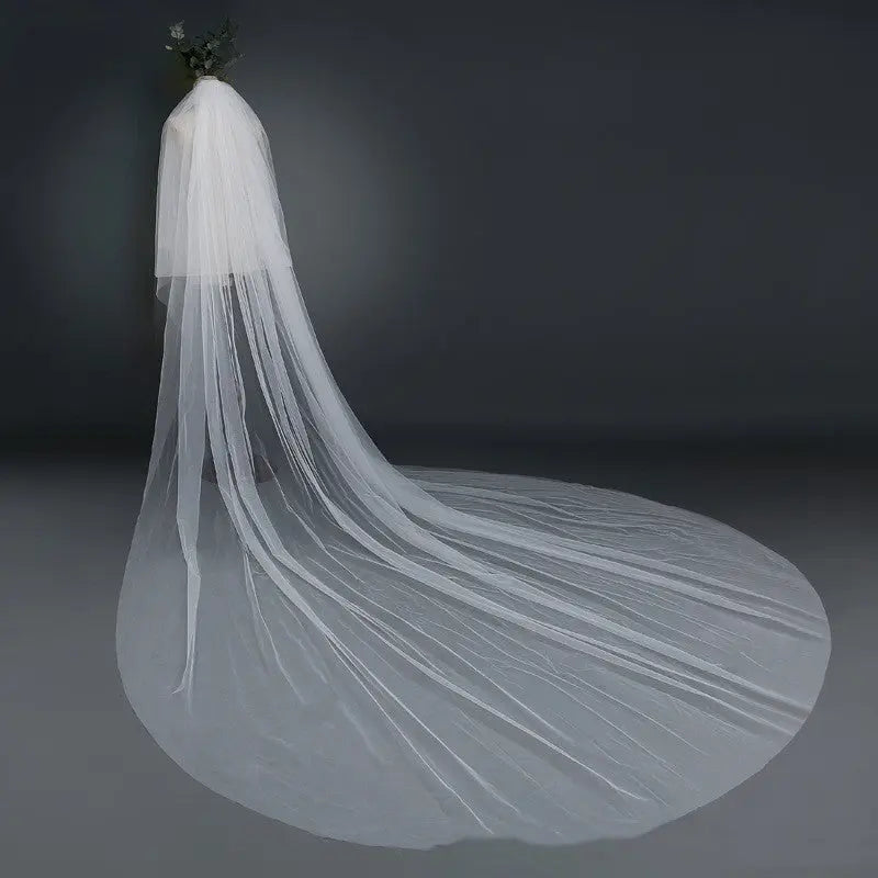 Bridal Wedding Veil with Wide Trailing Tail | Fashion Minimalist Lace Veil in White & Cream - Nuriyya Bridal Accessories LLC