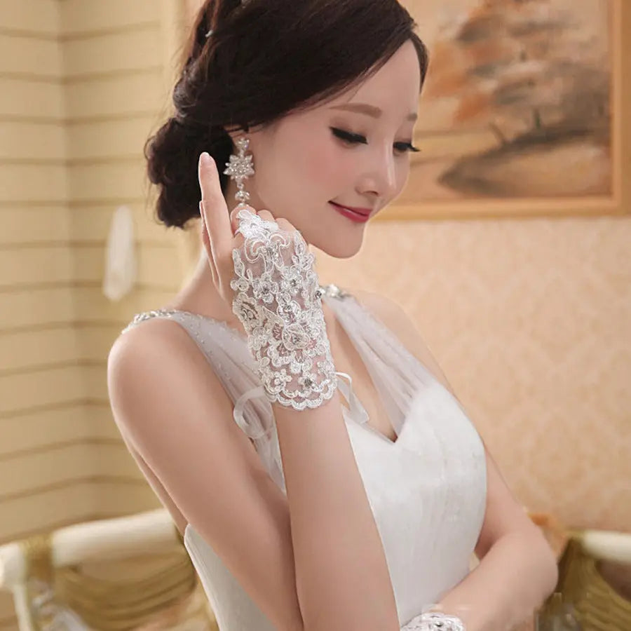 Elegant Bridal Lace Gloves – Short Open Finger Knitted Design - Nuriyya Bridal Accessories LLC